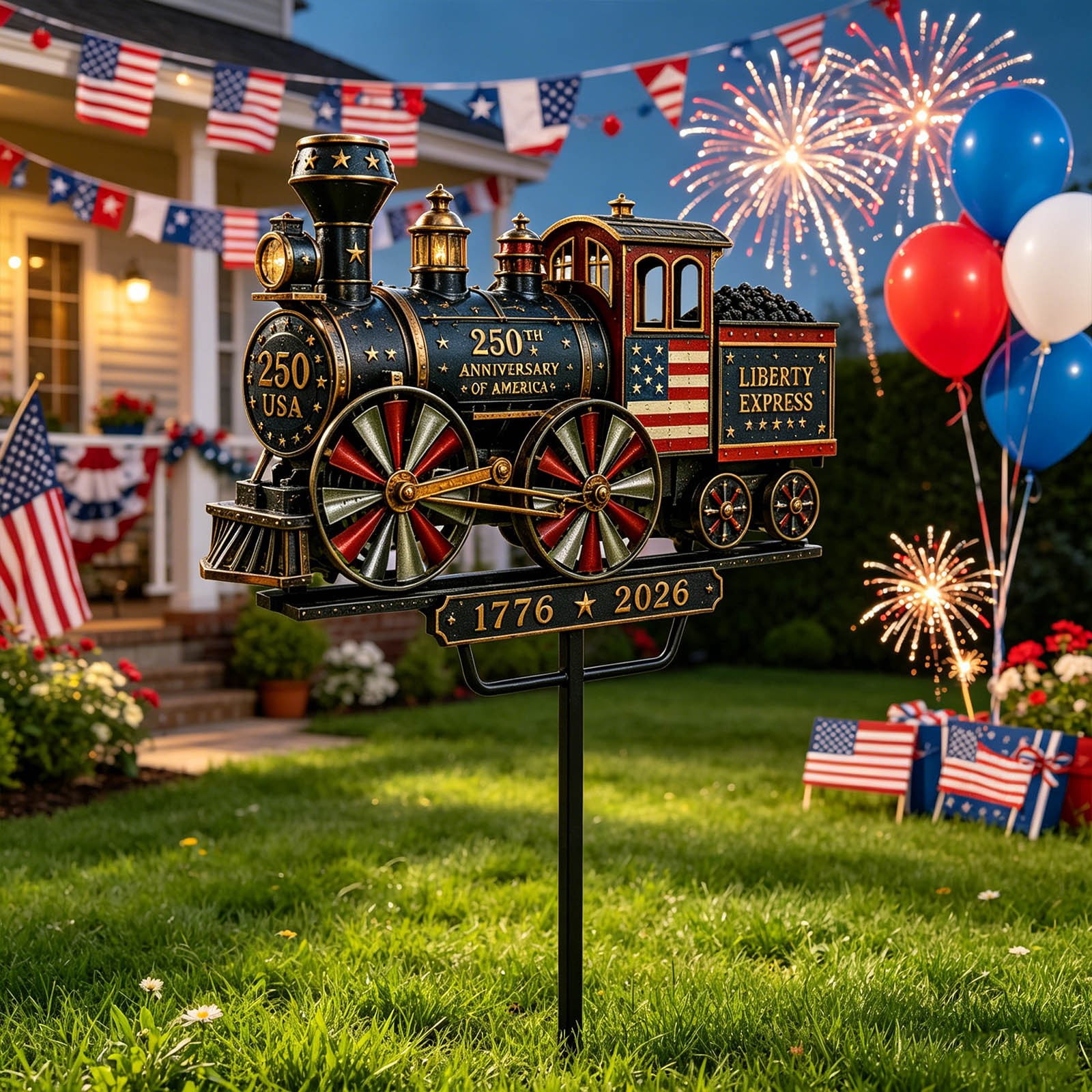 Eqslft 2D Liberty Express 250th Anniversary Train Yard Stake, Patriotic Metal Train Garden Decor, Anniversary Windmill Garden Outdoor Yard Art Metal Wind Sculpture Ornament