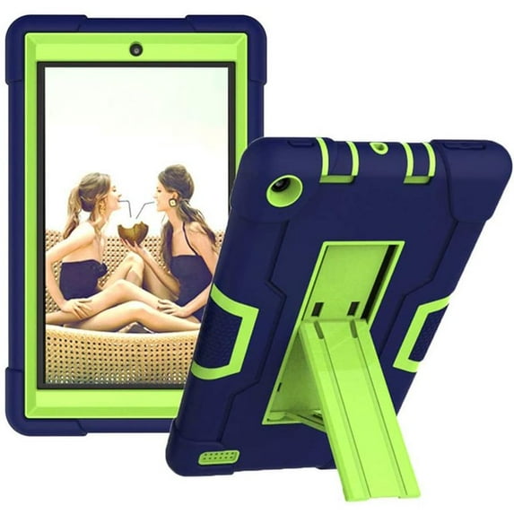 SOATUTO for All-New Fire 7 2019/2017(9th Gen,7th Gen)Tablet,Heavy-Duty Drop-Proof and Shock-Resistant Rugged Hybrid with Built-in Stand Case - Navy+Green