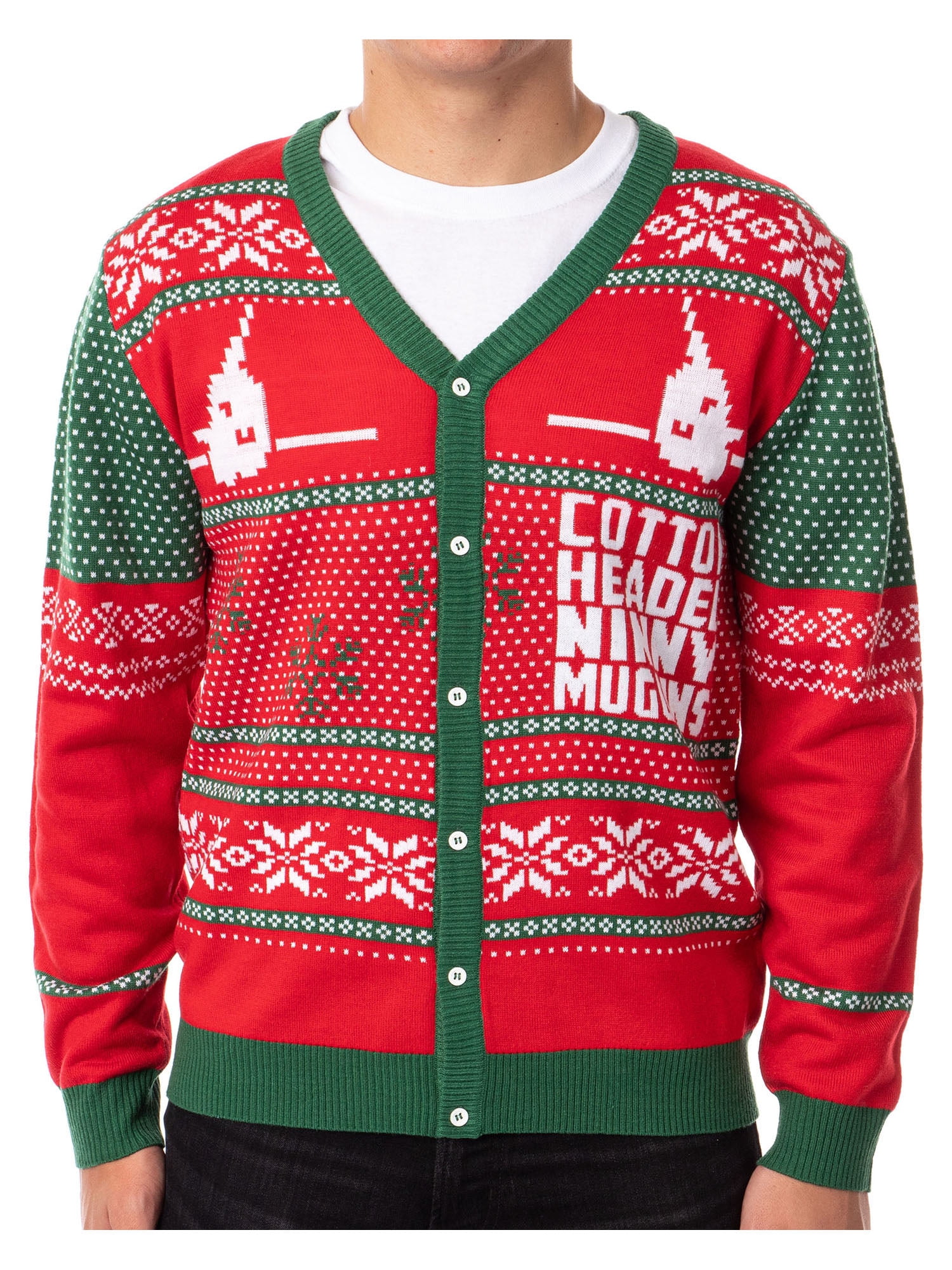 ELF The Movie Men's Cotton Headed Ninny Muggins Button-Down Ugly Christmas Sweater