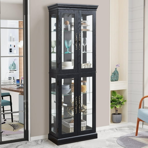 HIUU Tall Curio Cabinets with Glass Doors,Tall Glass Display Cabinet with Lights,China Cabinets with Doors(Black)
