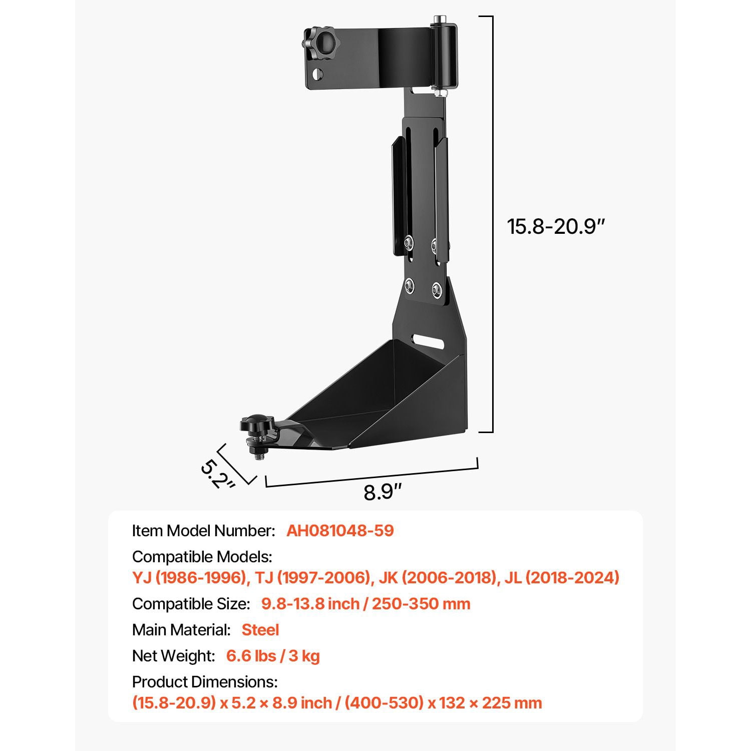 High lift jack mounting bracket, off-road agricultural fixation kit, compatible with Wrangler YJ/TJ/JK/JL 1986-2024