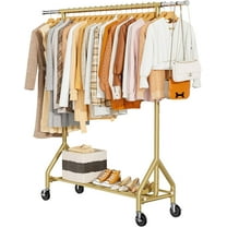 Heavy Duty Clothes Rack Load 450 LBS, Metal Garment Rack, Standing Rolling Clothing Rack for Hanging Clothes with Sturdy Wheels & Shelves, Portable Closet Wardrobe Rack,Gold