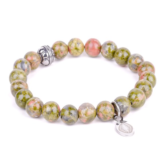 Mystigrey Rio Stainless Steel Bracelet Khaki Green Unakite with Steel BeadSmall For Men and Women