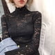 thumbnail image 5 of Blusa ajustada de malla con cuello alto y manga larga con encaje floral transparente para mujer, 5 of 8