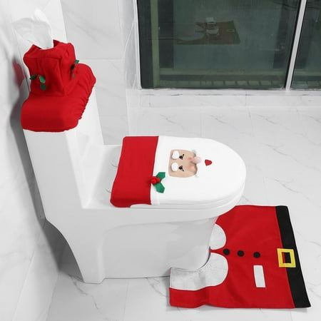 WALFRONT Christmas Bathroom Toilet Seat Cover Floor Mat Water Tank Lid and Tissue Box Decor Covers