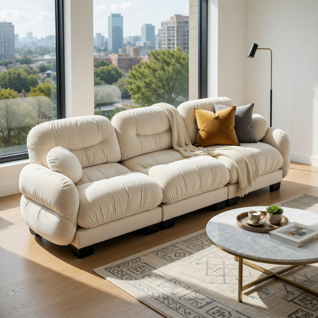 Hommoo Chenille 3-Seater Modular Sofa with Pleated Back Design, Ergonomic High-Density Foam Cushions & Curved Armrests, Includes 2 Round Throw Pillows, Beige