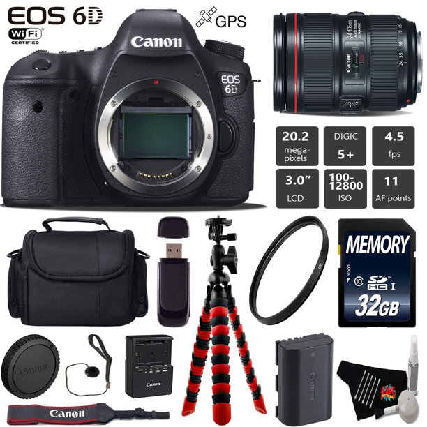 Canon DSLR Camera with 24-105mm f/4L II Lens + Wireless Remote + UV Protection Filter + Case + Wrist Strap + Tripod + Card Reader - Intl Model Canon 1897C009-32GB-Basic Kit