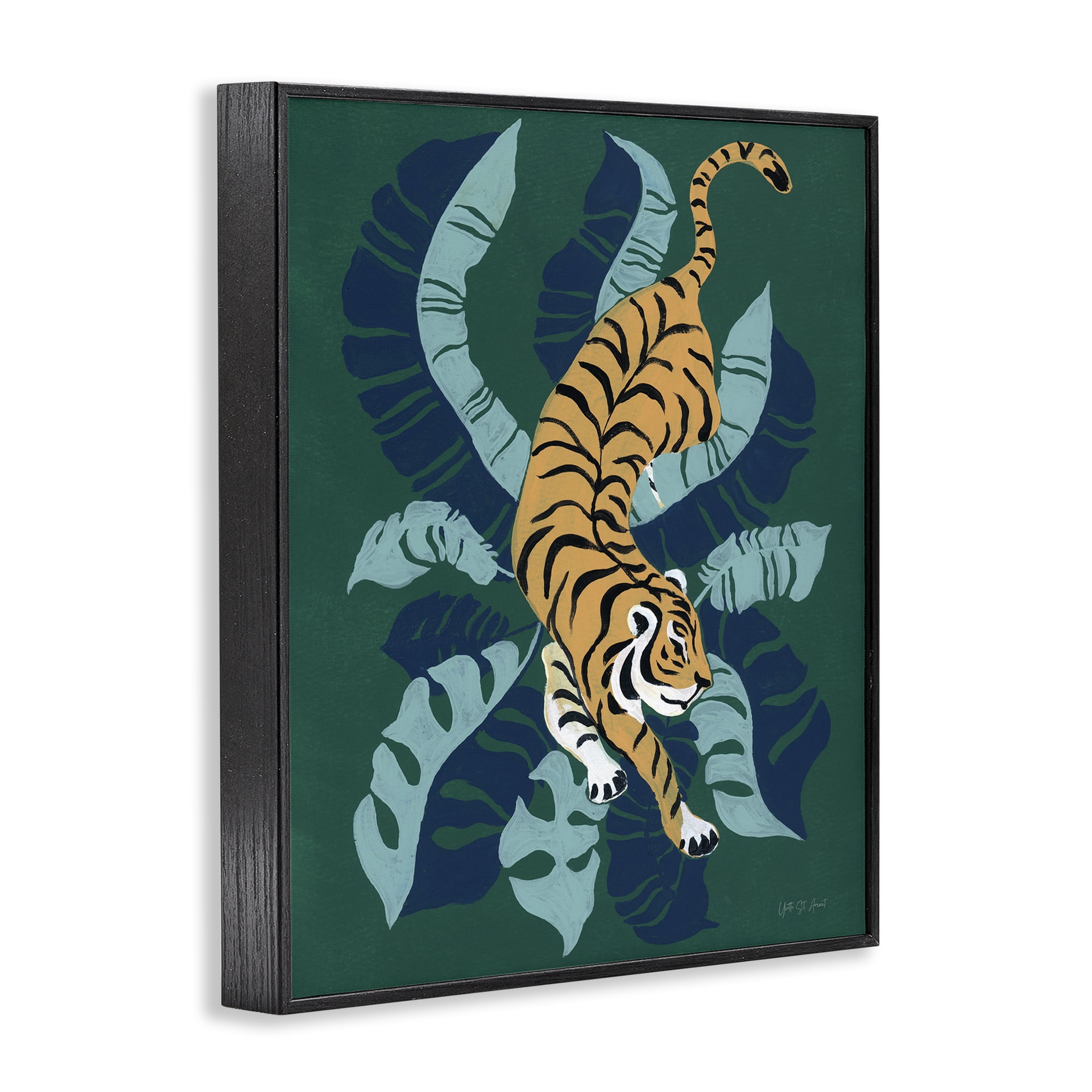 Stupell Industries Tiger Prowling over Palms Animals & Insects Painting Black Framed Art Print Wall Art, 24 x 30