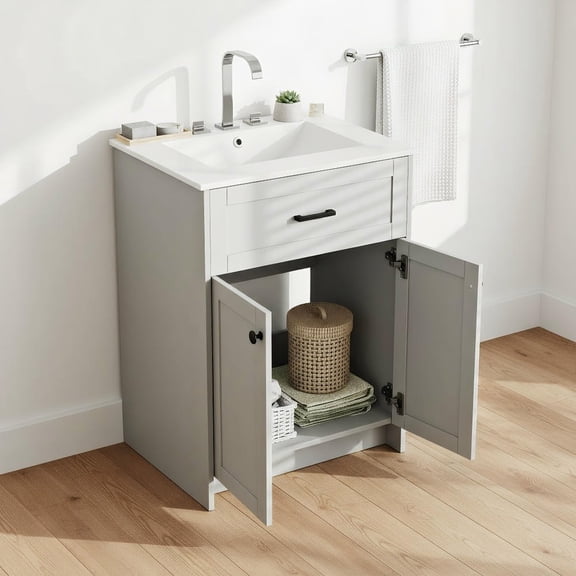 GVN Bathroom Basin Cabinet with 2 Doors and Sink, Freestanding Vanity Unit for Small Bathroom, Modern Storage for Home, Gray