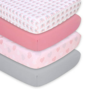 The Peanutshell Fitted Crib Sheet Set for Baby Girls, Pink Elephant, 4 Pack Set