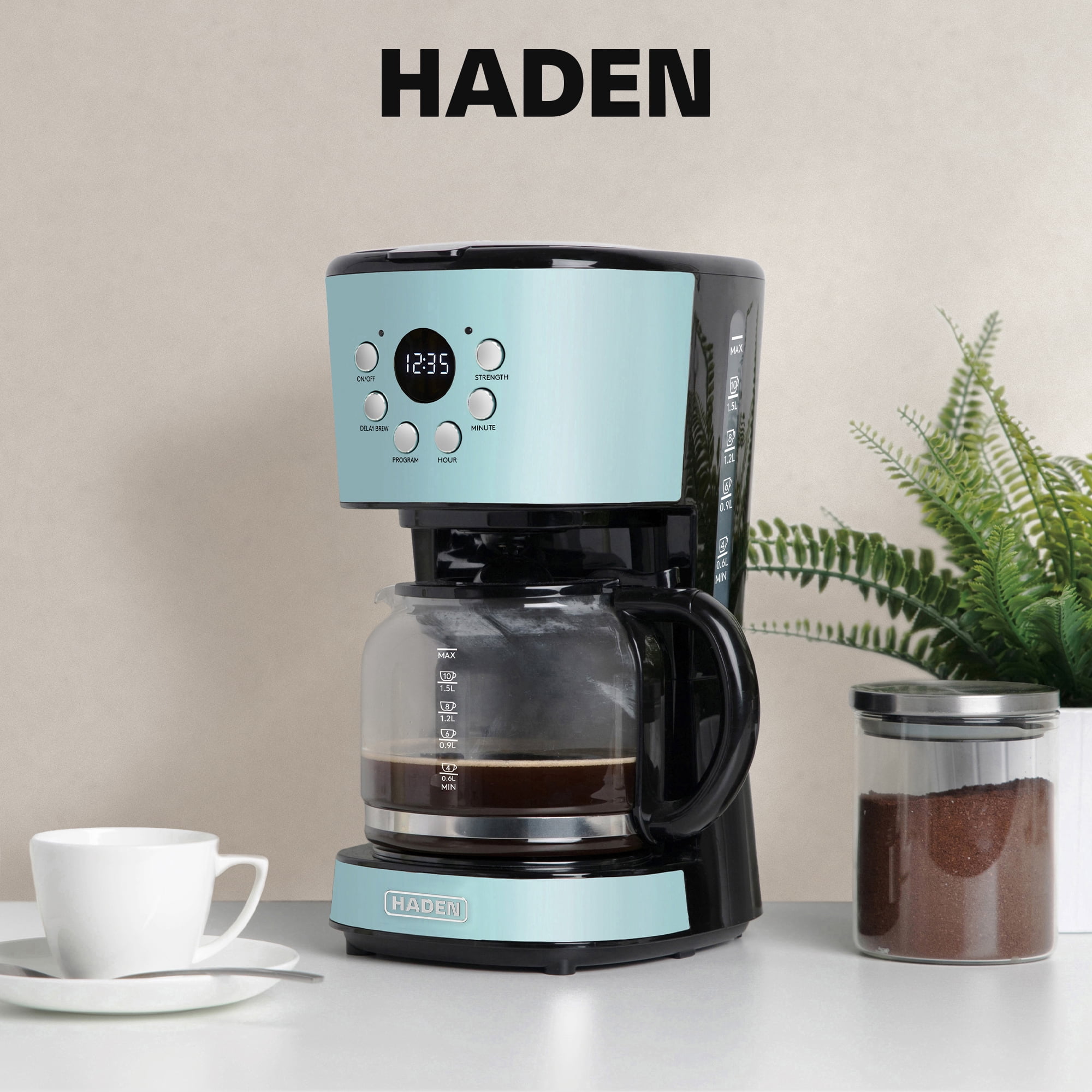 Haden Coffee Maker & Heritage 4 Slice Wide Toaster, Turquoise & Chrome