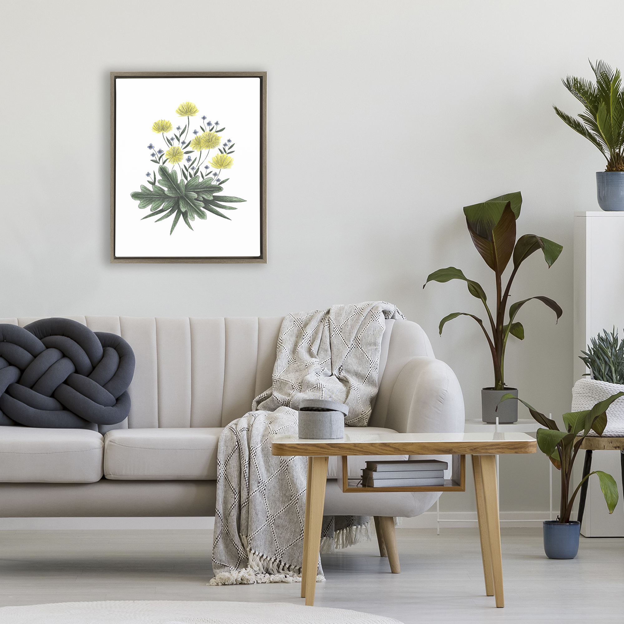 Dandelion Flower Illustration Brown Framed Floater Canvas Wall Art, design by Cecilia Battaini