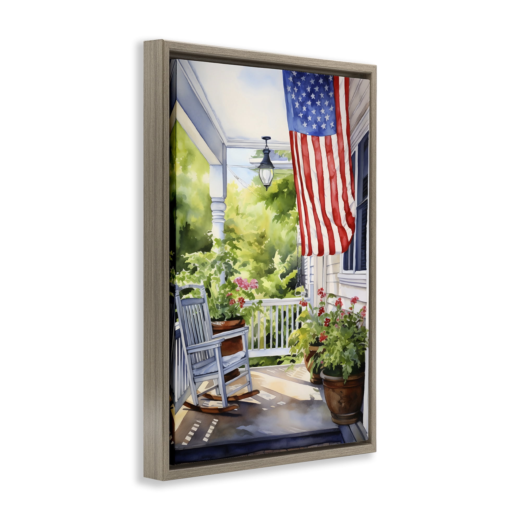 Stupell Industries Patriotic Summer Porch Scenery Painting Brown Floater Framed Canvas Art Print Wall Art, 17 x 25