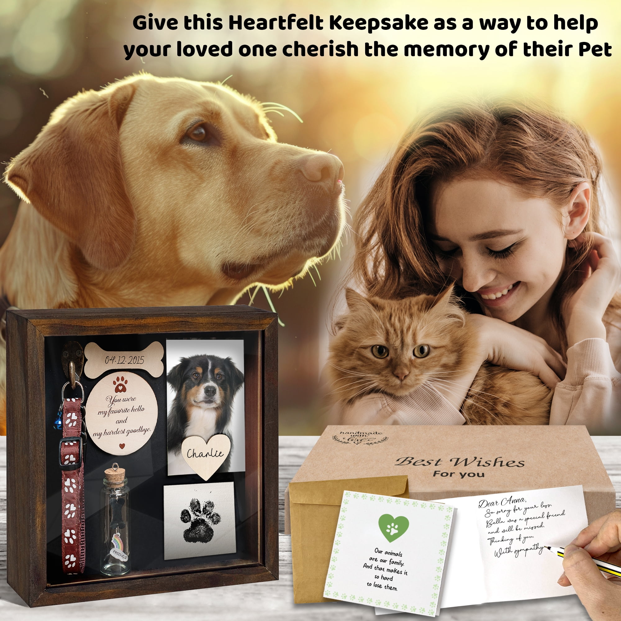 8.6'' Pet Memorial Shadow Box, Rustic Collar Holder Picture Frame, Paw Print Kit, Dog Wooden Sculpture, Pet Hair Fur Jar, Cat Memorial Keychain, Dogs Sympathy Card, Gift for Pet Lovers PSD-4R