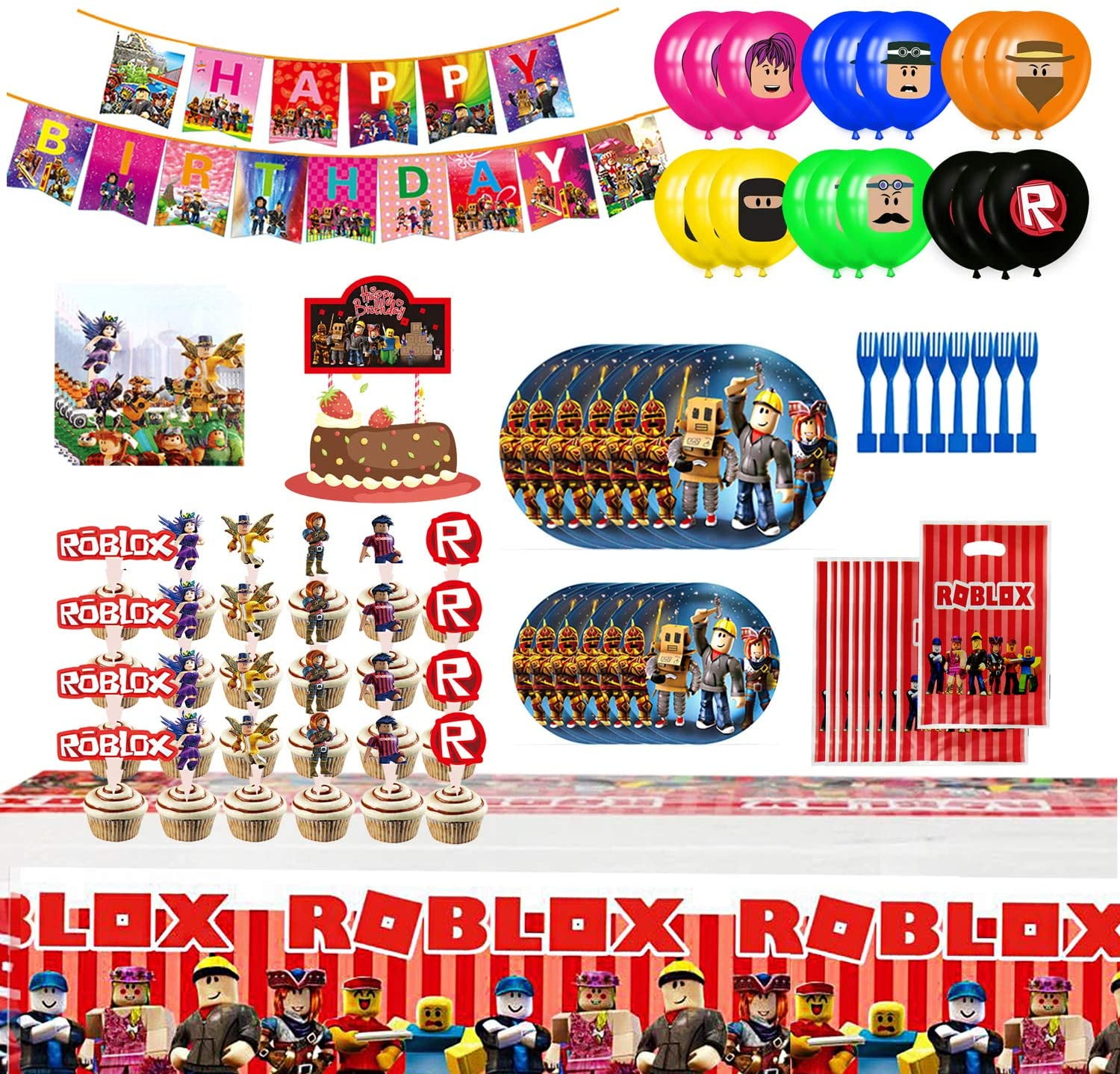 105 Pcs Roblox Birthday Party Supplies Robot Blocks Party Decorations Banners Cake Topper Plates Forks Gift Bags Cupcake Toppers Tablecover Napkins And Balloons Walmart Com Walmart Com