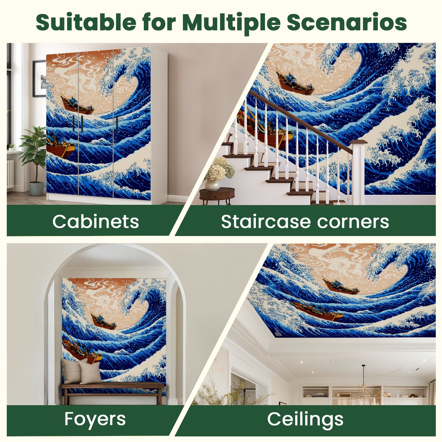 Peel and Stick Wallpaper Off Kanagawa Mount Boats Ocean Waves Seafoam Woodblock Print Modern Art Wall Mural Decor Self Adhesive and Removable 100in x 144in