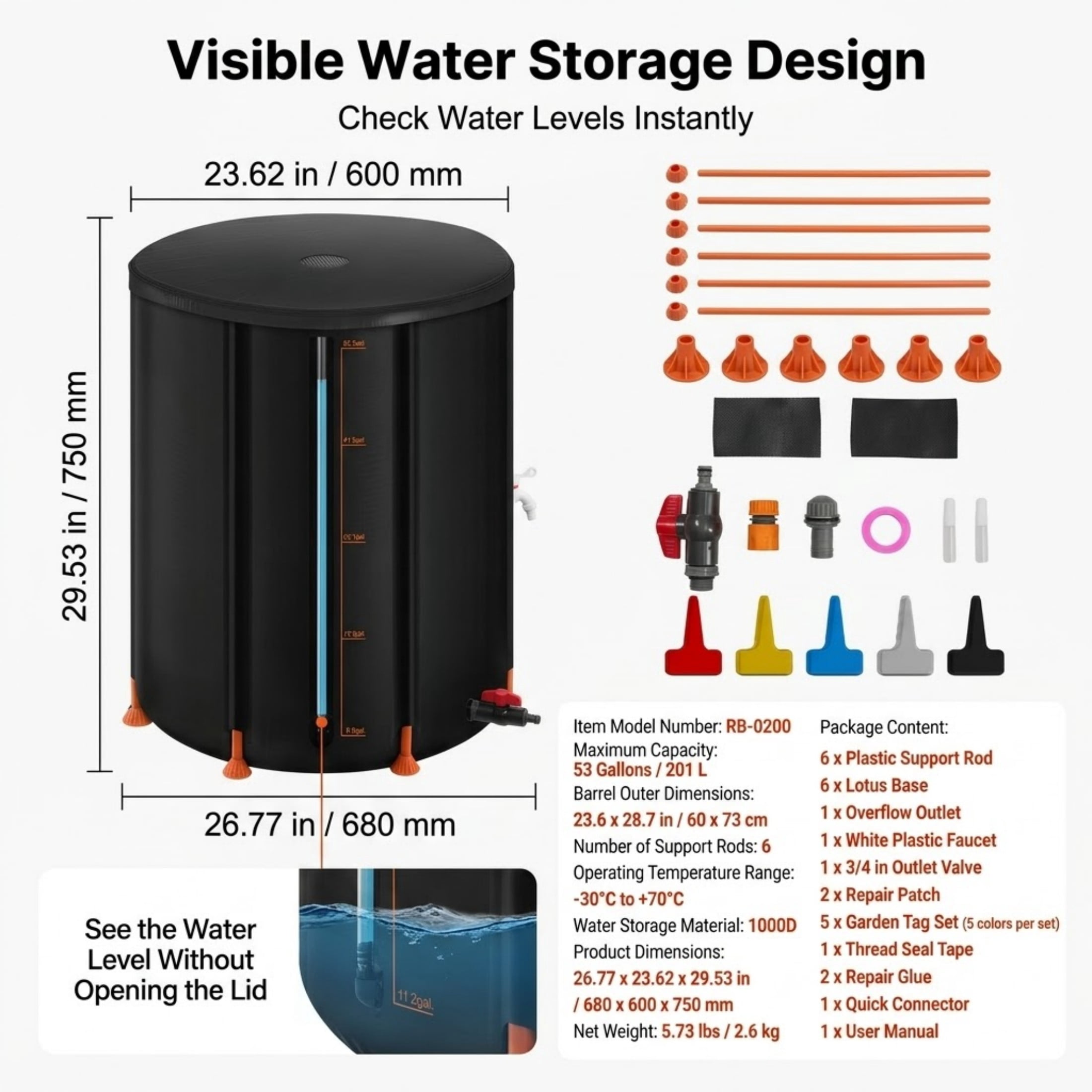 53 Gallon Collapsible Rain Barrel, 1000D PVC Portable Rain Water Collection System with Spigot & Overflow Kit, Black