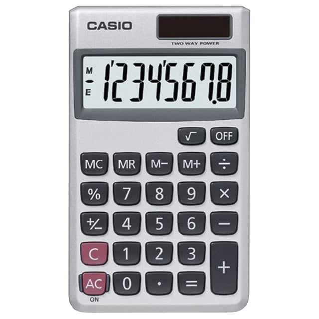 casio inc. sl-300sv calculadora de función estándar con energía solar, vista frontal con pantalla LCD de 8 dígitos mostrando 1234567.8, carcasa plateada y celda solar en el borde superior; teclado con teclas numéricas negras, tecla AC roja y botones de memoria y funciones (MC MR M- M+ % ± √ OFF).