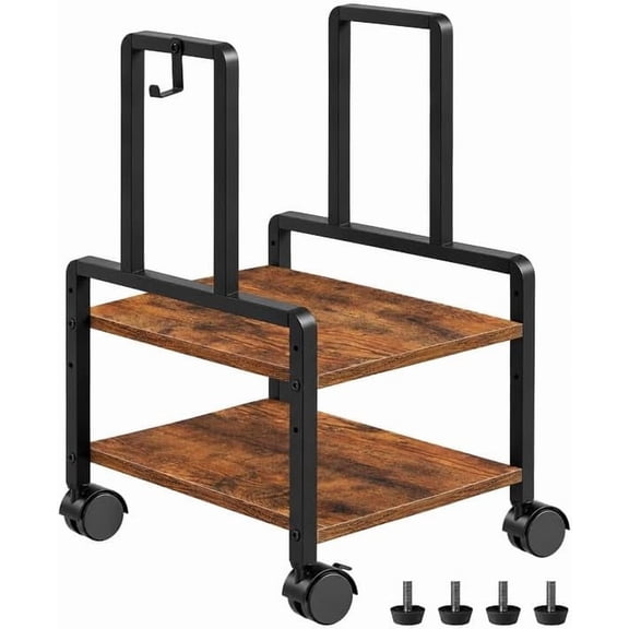 Adjustable 2-Tier PC Stand, Computer Tower Stand with 360° Locking Wheels & Hooks, CPU Cart for Floor, Carpet and Under Desk, 15.2" x 11.8" x 26", Rustic Brown