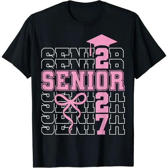 Senior 2027 Class Of 2027 Coquette Pink Bow Graduation 2027 T-Shirt Size S-5XL