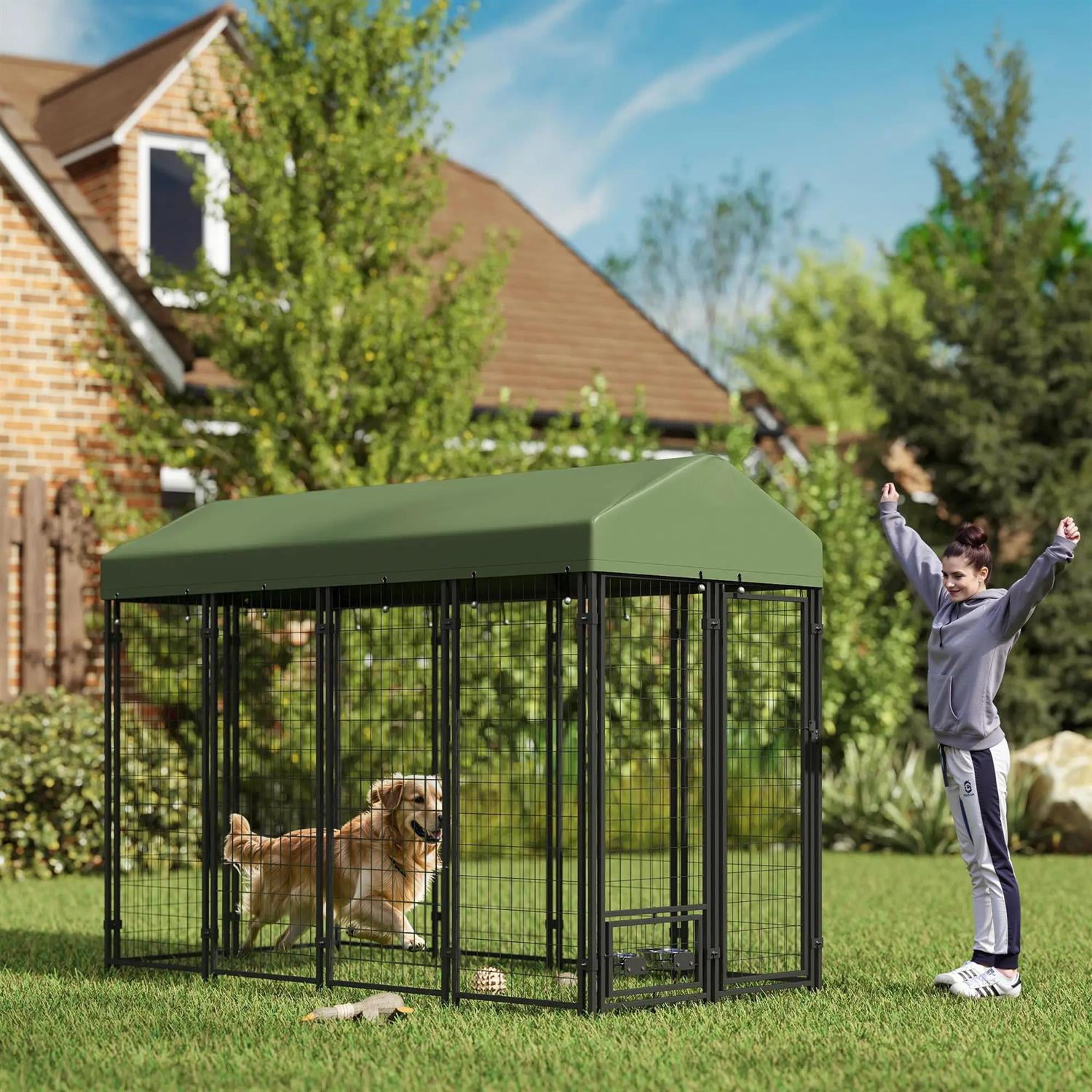 Pefilos 94" Outdoor Dog Kennel with Rotating Bowl Holders, Dog House Pet Playpen with Waterproof Cover for Large Dogs, Green