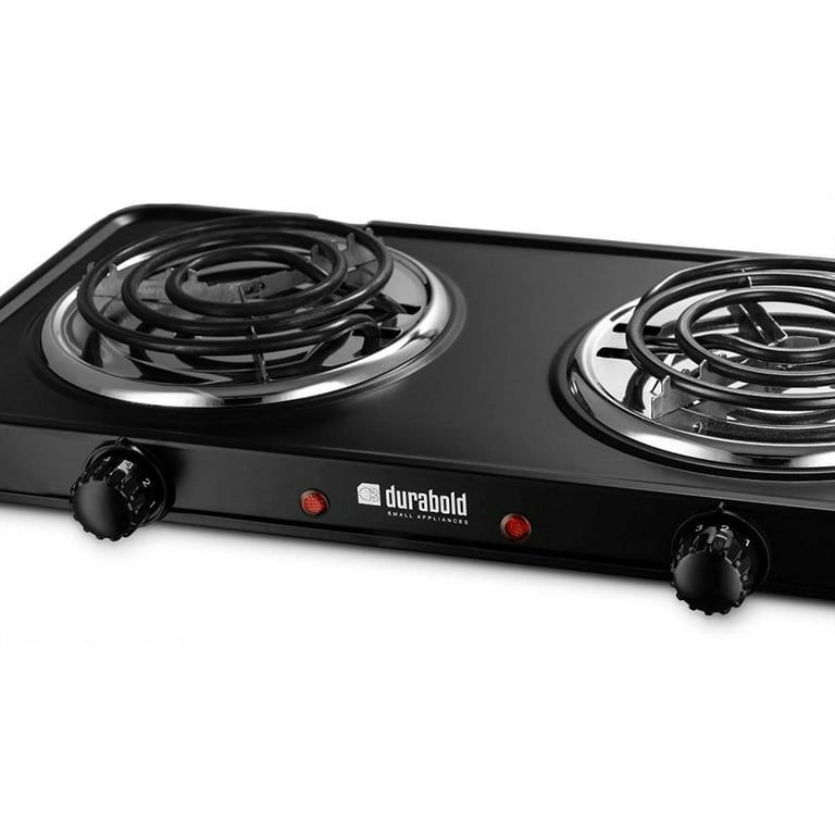 Kitchen Countertop Cast-Iron Double Burner - Stainless Steel Body Ideal for RV, Small Apartments, Camping, Cookery Demonstrations