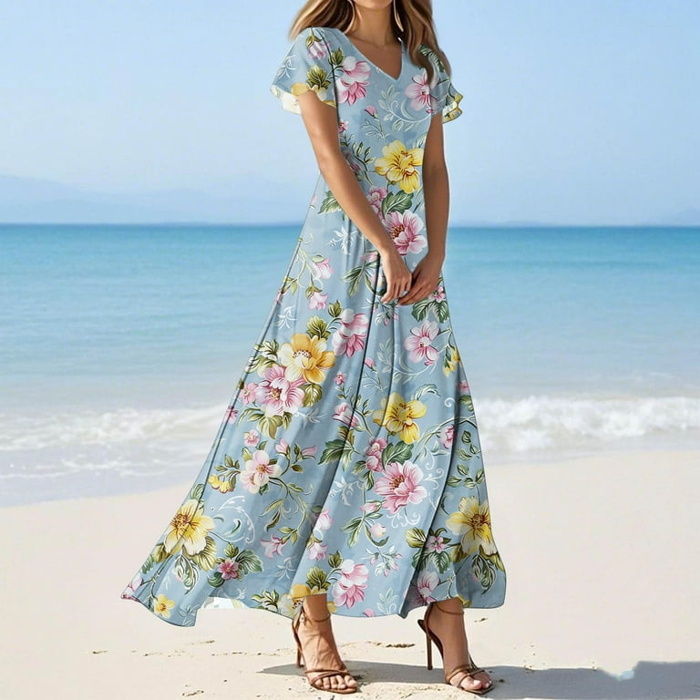 zaveiop Boho Maxi Dresses for Women 2025 Summer Floral Print Short