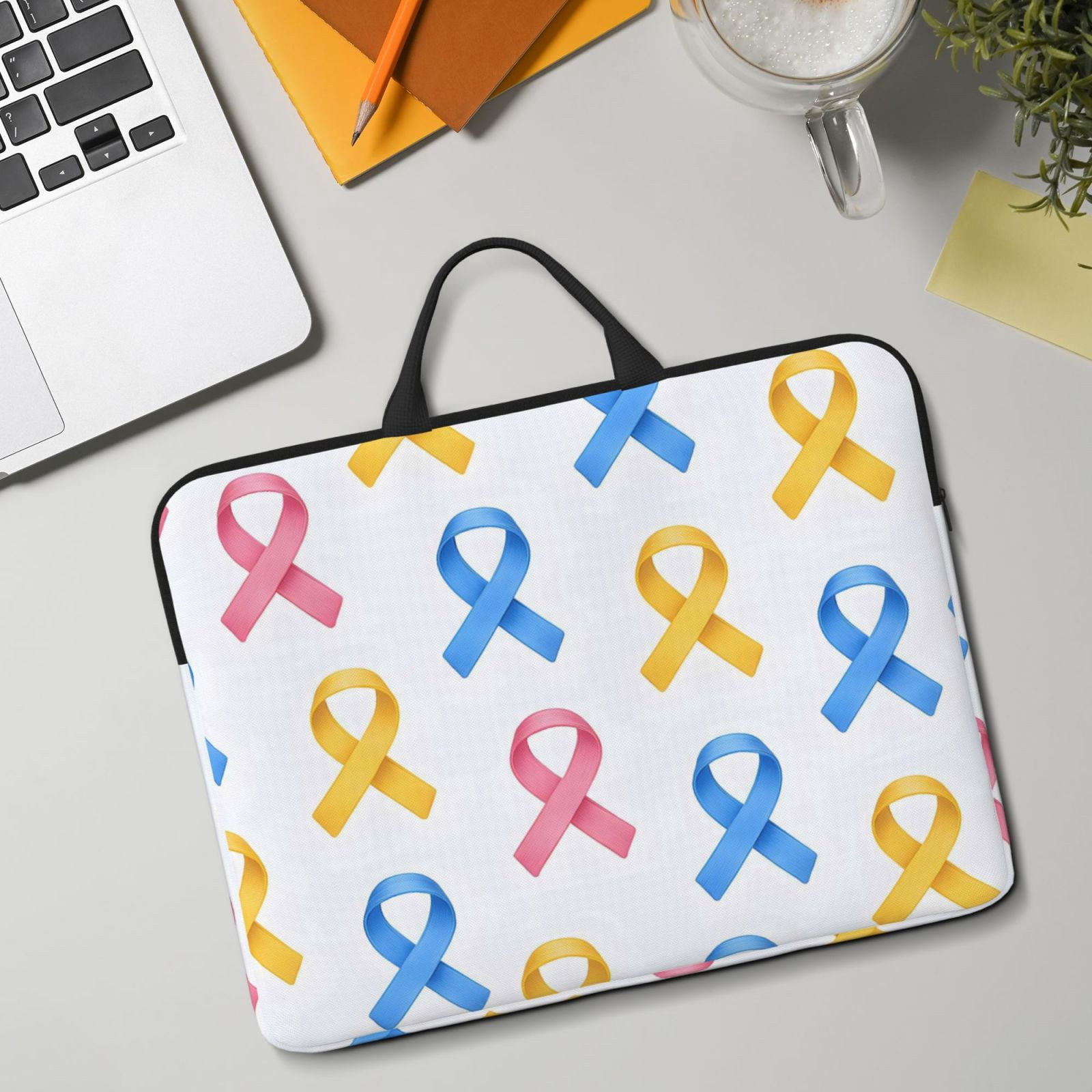 Laptop Sleeve Bag For Women Men 14inch Waterproof Durable Protective Computer Carrying Cover Handle Laptop Case Bag Cancer Awareness Ribbon Pattern - Classic Colors
