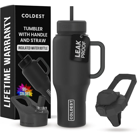 Coldest Tumbler with Handle and Straw - 100% Leak Proof Insulated Tumbler with Lid and Straw (3 Lids) - Stainless Steel Tumblers for Women & Men - Cup Holder Friendly Base, 36 oz (Stealth Black)