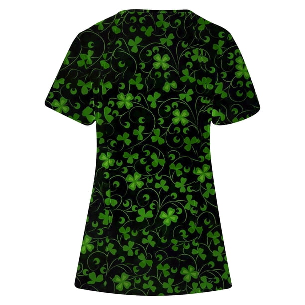 Top de ropa de trabajo con bolsillo y manga corta con cuello en V y estampado del Día de San Patricio a la moda para mujer Fridja gope4988