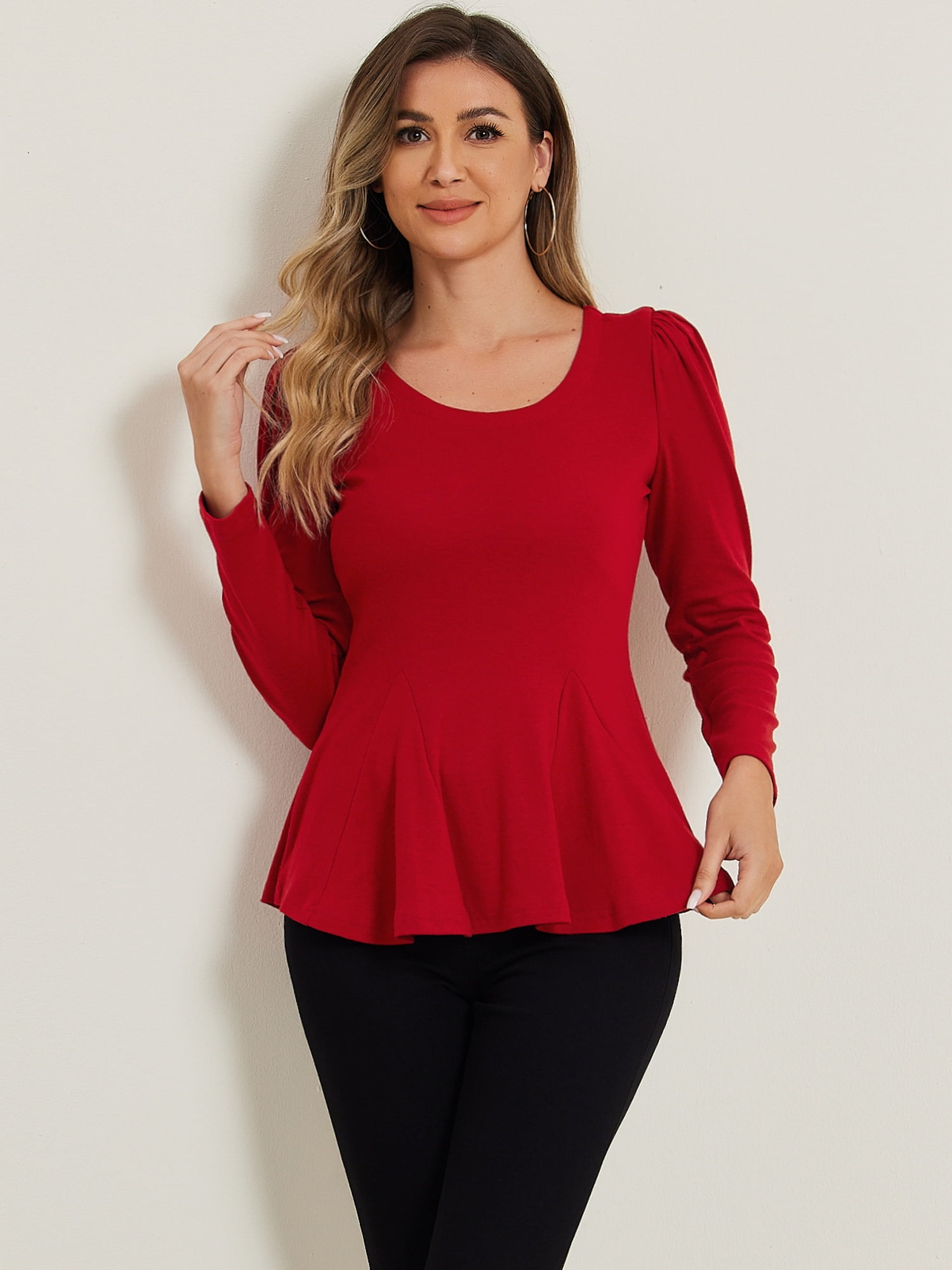 DARING DIVA Long Sleeve Scoop Neck Peplum Top M Red