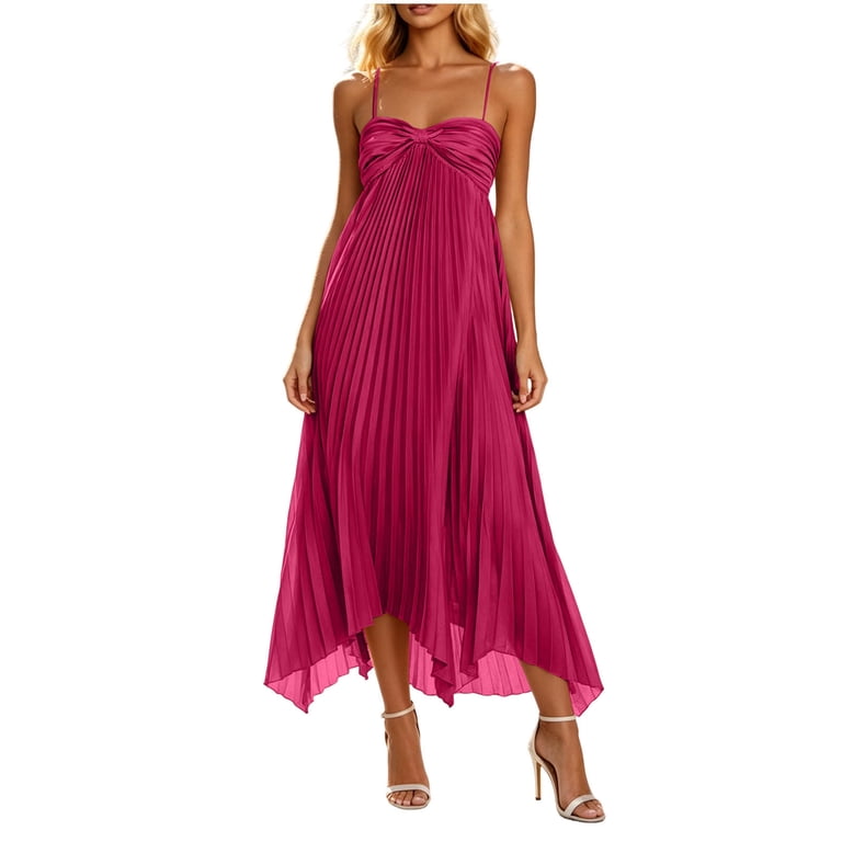 Aimik Women's Twist Pleated Midi Dress Summer Spaghetti Strap