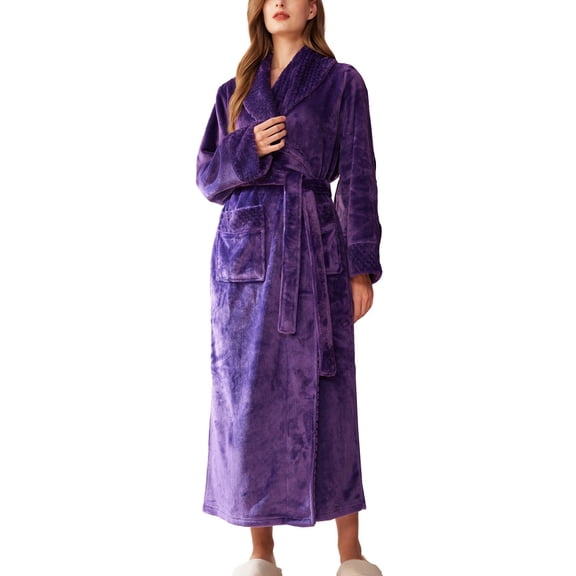 SWSMCLT Women's Fleece Bathrobe Pjs Long Thick Comfy Warm Sleeping Pajamas Long Sleeve Lounge Fall Medium Purple Small-Medium