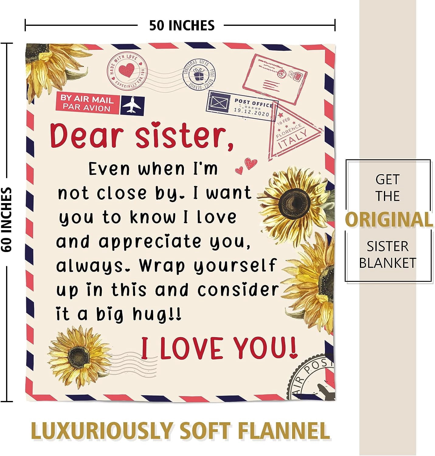 Sister Birthday Gifts, Sister Gifts Blanket, Sisters Gift from Sis, Present for Sisters on Mothers Day, Christmas, Dear Sis Airmail Throw Blanket