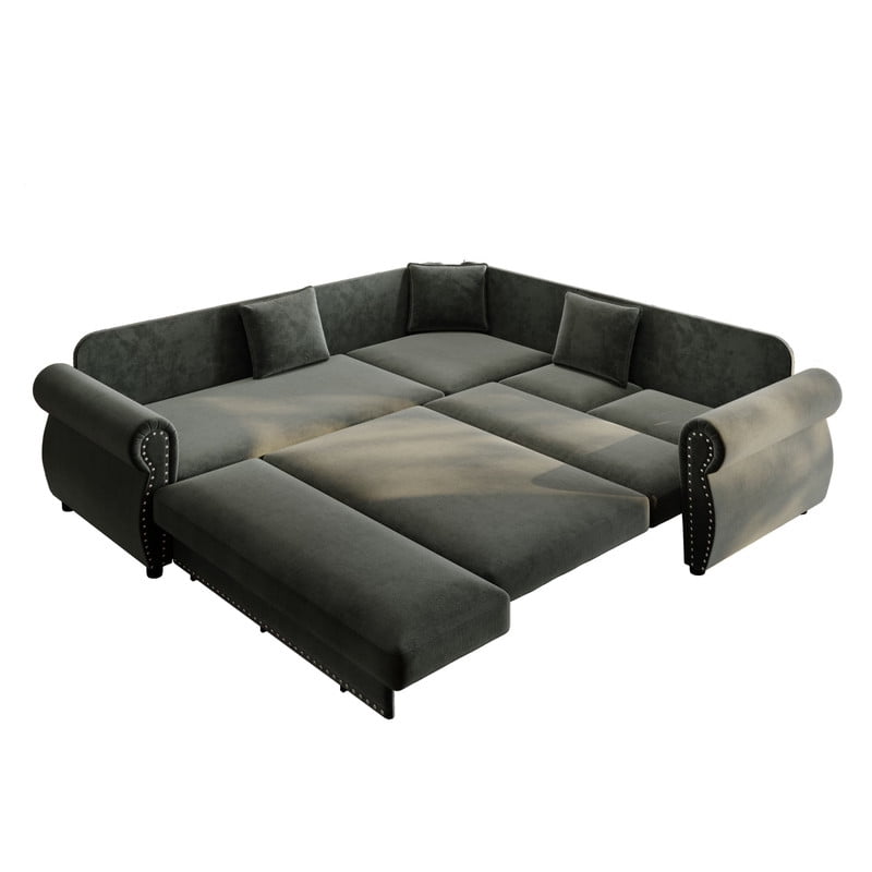 88.2" Sectional Sleeper Sofa with Pull Out Bed, Convertible Sleeper Couch with Nailhead Trim, 5-Seat Sectional Sofa Chenille Couch for Living Room Apartment
