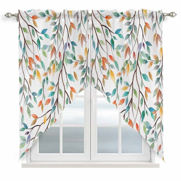 Teal Orange Eucalyptus Swag Valances for Windows, Kitchen Window Curtains Over Sink, Weeping Botanical Leaves Window Treatment Curtains for Living Room/Bedroom Curtains 2 Panel Sets 36"x45"
