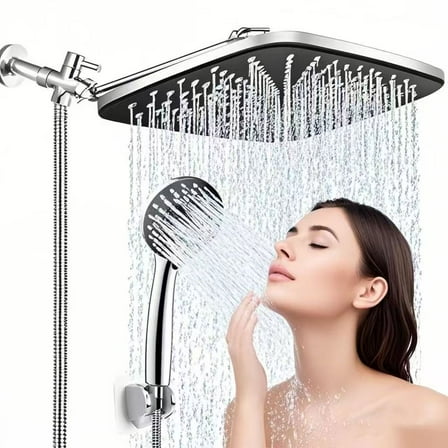 12  Inch High Pressure Rain Shower Head Combo With Extension Arm- Wide Showerhead With 5 Handheld Water Spray - Adjustable Dual Showerhead With Anti-Clog Nozzles - Silver Chrome