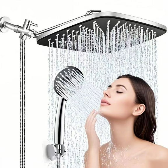 12  Inch High Pressure Rain Shower Head Combo With Extension Arm- Wide Showerhead With 5 Handheld Water Spray - Adjustable Dual Showerhead With Anti-Clog Nozzles - Silver Chrome