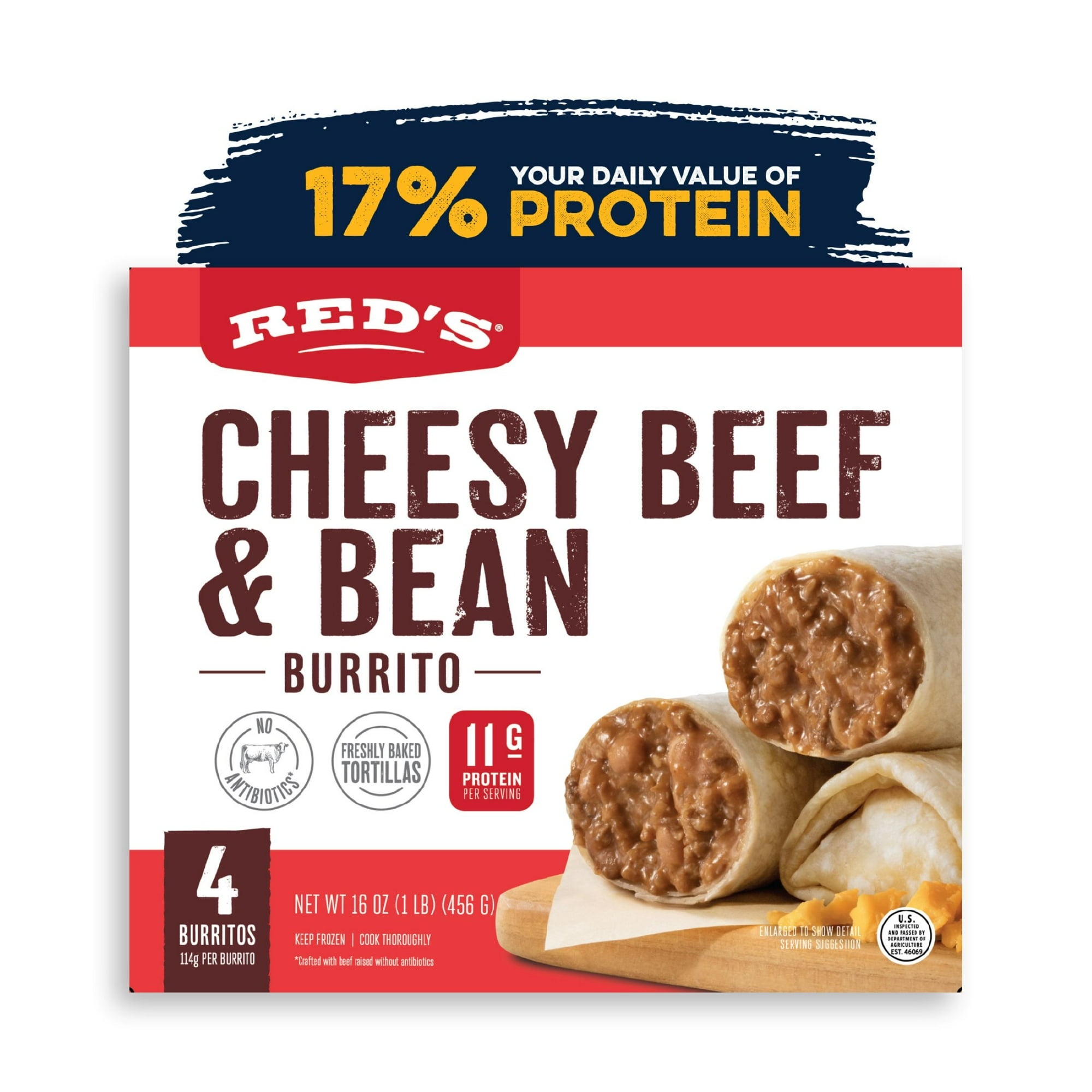Red's Cheesy Beef and Bean Burrito, 16 oz, 4 Count (Frozen)