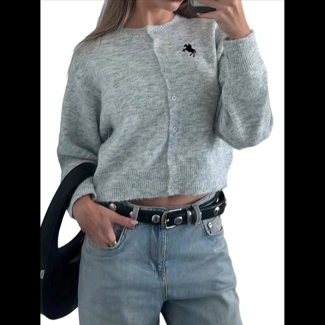 Cárdigan de Cuello Redondo con Botones para Mujer, Suéter de Punto de Larga, Ropa de Abrigo Gris S