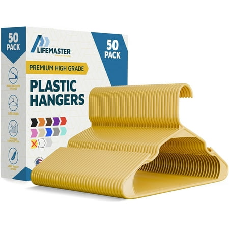 Lifemaster Plastic Clothes Hangers – Heavy Duty Hanger Set, For Organizing Clothes, Dresses, and Coat, Holds Up To 5 lbs, Space-saving Hangers with Non-Slip Shoulder Grooves, Pack of 50, Yellow