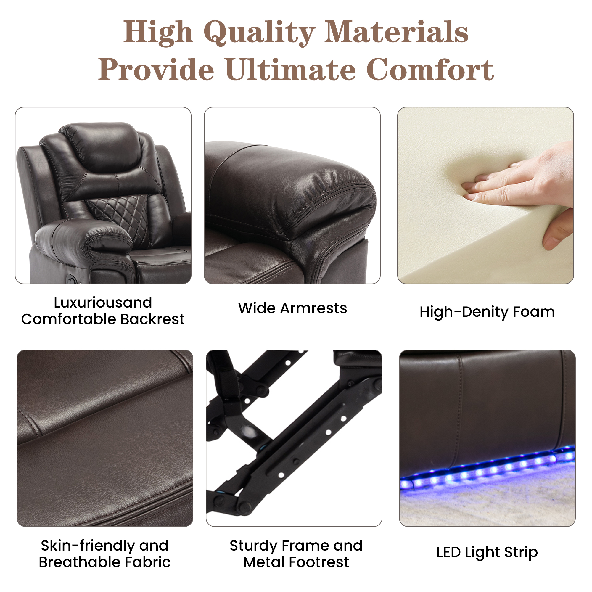 Euroco Home Theater Seating Manual Recliner Chair with LED Light Strip for Living Room,Bedroom, Brown