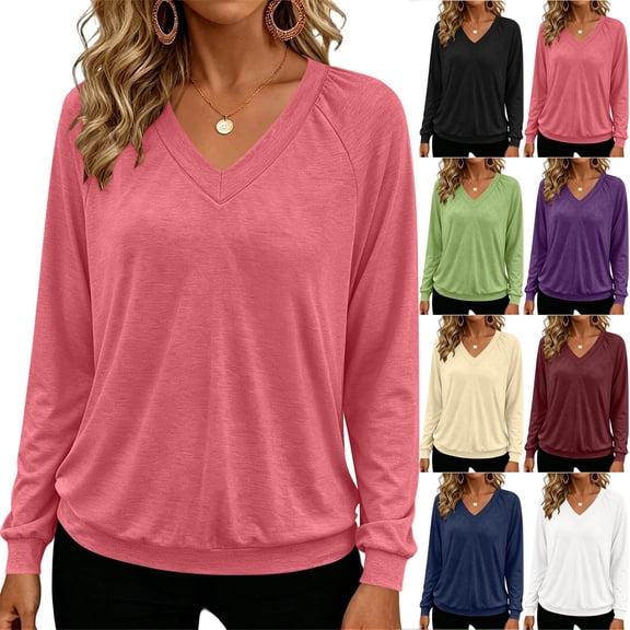 Otntypg Womens V Neck Long Sleeve Shirts Lightweight Banded Bottom Tops Fall Dressy Casual Loose Fit Cozy Tunic Blouses