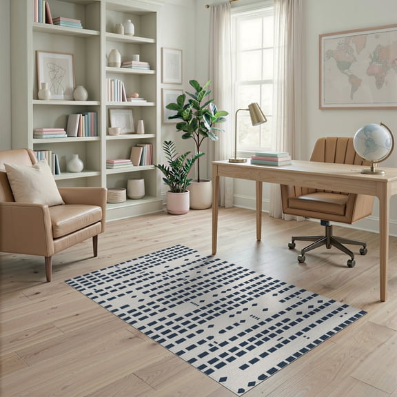 ODIKA 4'x6' Navy Blue Geometric Grid Pattern Washable Area Rug Modern Abstract Rectangular Motifs with Diamond Non-Slip, Chair-Friendly, Flatwoven for Home Office, Under Desk