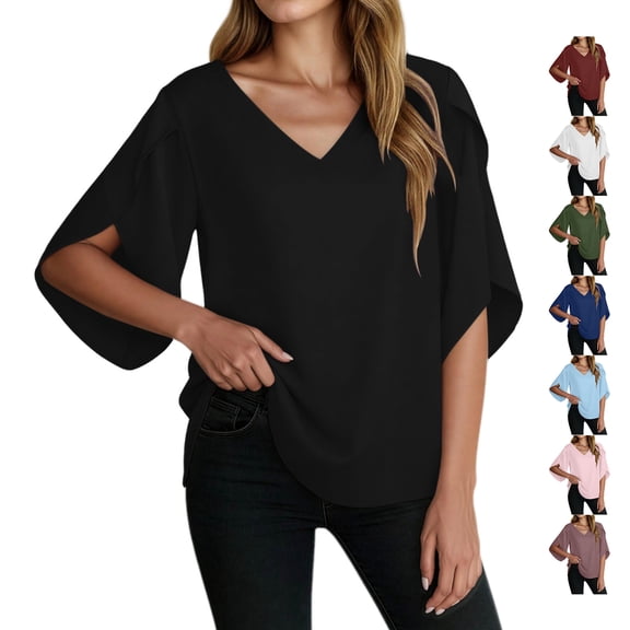 TGSLY V Neck 3/4 Sleeve Tops for Women Draped Loose Fit Layered Ruffle Flutter Sleeve Bouses Dressy Casual Solid Color Tunic Shirts L
