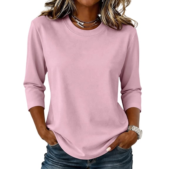 3/4 length Sleeve Shirts for Women,Soft Stretchy Wrinkle-Free Tops,Casual Crew Neck T Shirt for Work Daily Fall, S
