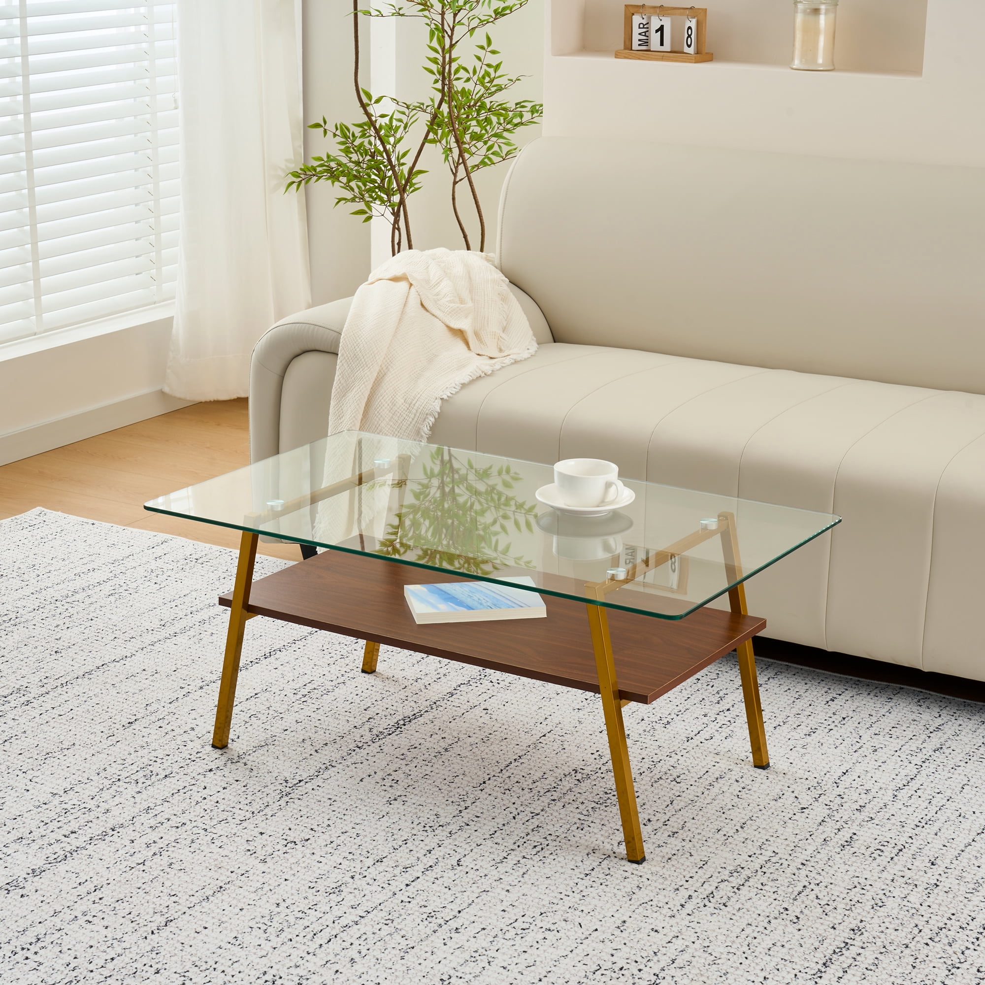 Euroco Rectangle Coffee Table, Tempered Glass Tabletop with Gold Metal Legs, Modern Table for Living Room , Transparent Glass