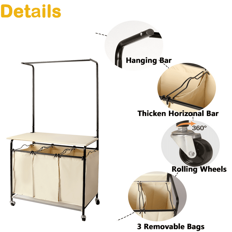 Laundry Cart with wheels & Hanging Bar