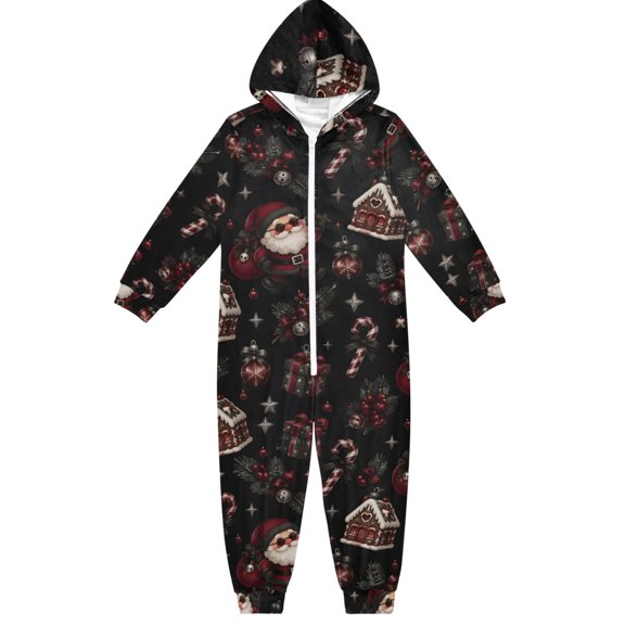 Dark Christmas Boys & Girls Hooded One-Piece Pajamas Warm Crystal velvet Hooded Long Sleeve Loungewear Jumpsuit Unisex