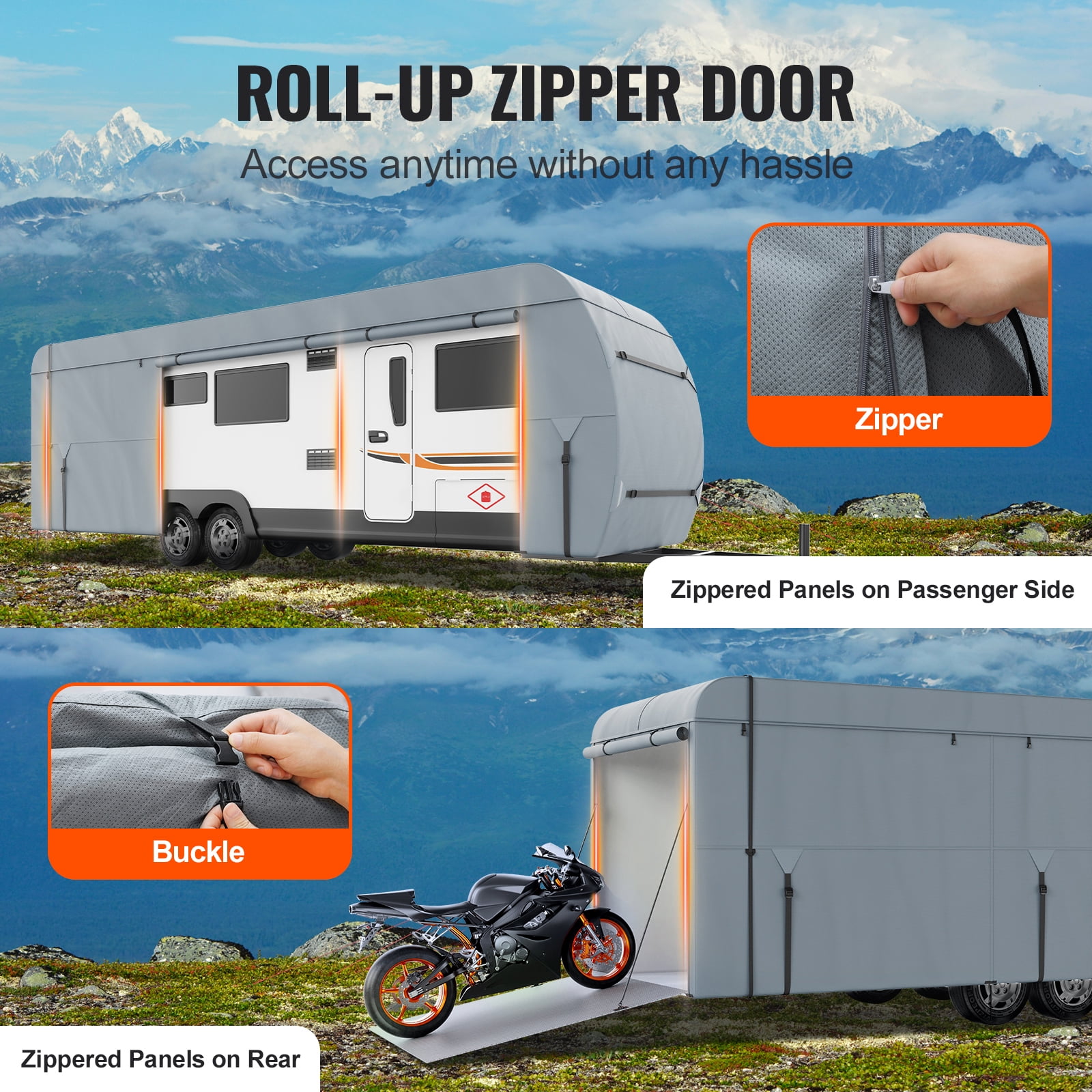 KFFKFF Travel Trailer Cover, 28-30' RV Cover, 4-Layer Non-Woven Fabric Camper Cover, Waterproof, Windproof And Wear-Resistant Class A RV Cover, Rip-Stop Camper Cover with Storage Bag and Patches